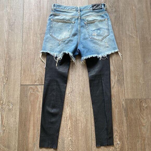 R13 Denim Dylan Shredded Jean Short Chaps Attached Layered Black Leather Legging - Picture 7 of 8